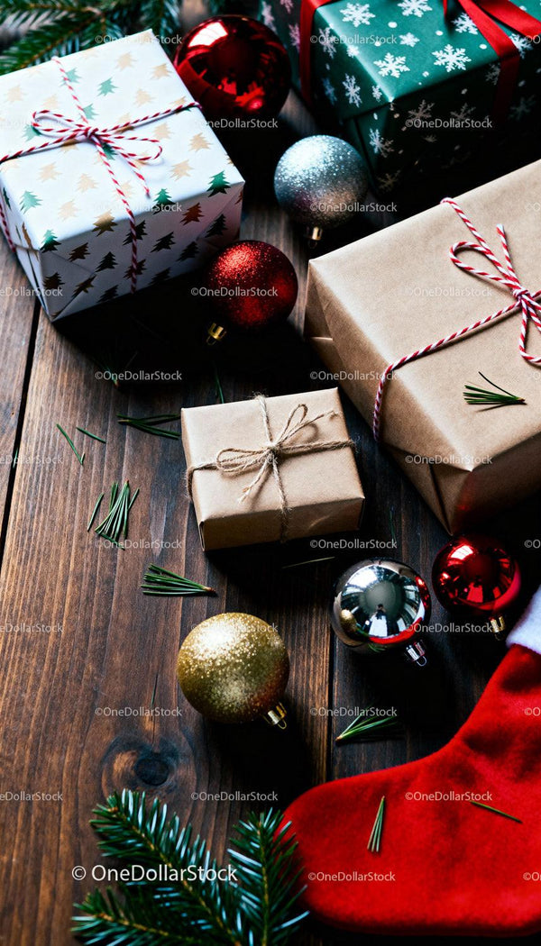 Christmas gifts and decorations on rustic wooden table