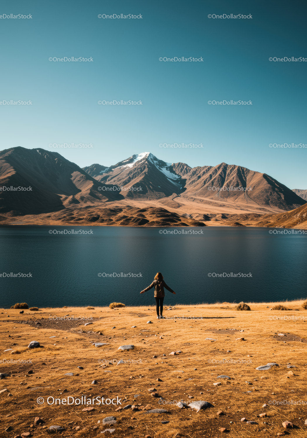 Breathtaking Mountain Lake with Scenic Mountain Range and Hiking Person