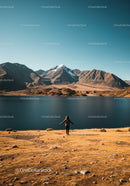 Breathtaking Mountain Lake with Scenic Mountain Range and Hiking Person