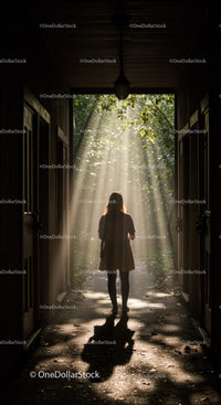 Woman Standing in Sunlit Forest Pathway Entrance