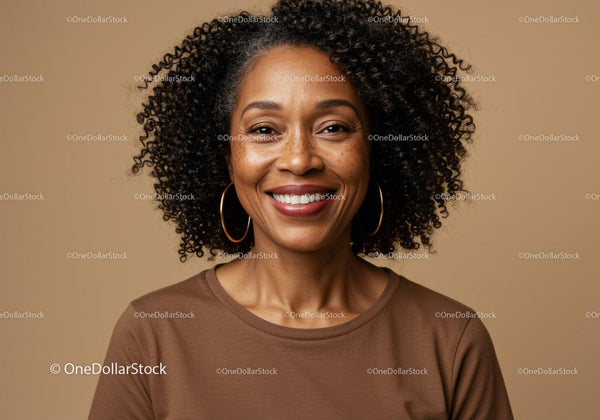 Portrait of a Smiling Afro-Haired Woman with Earrings in Neutral Background