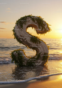 Ocean-themed wooden letter S adorned with seaweed at sunset