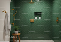 Modern bathroom with green scalloped tile and gold fixtures