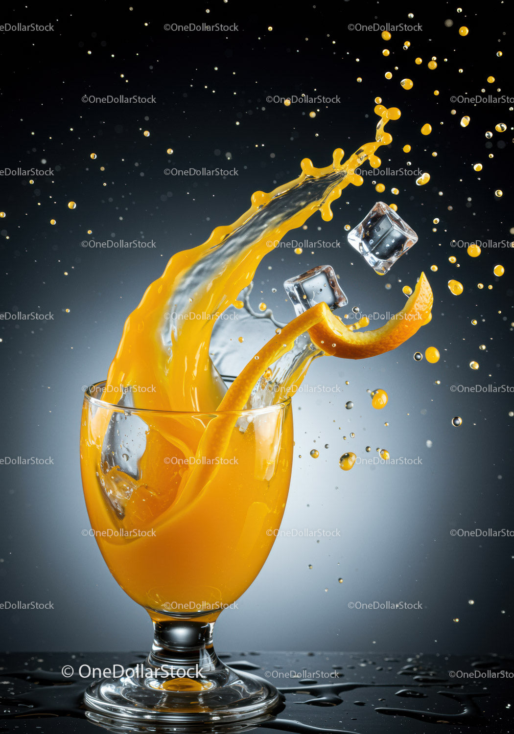 Orange juice splash with ice cubes and peel twist