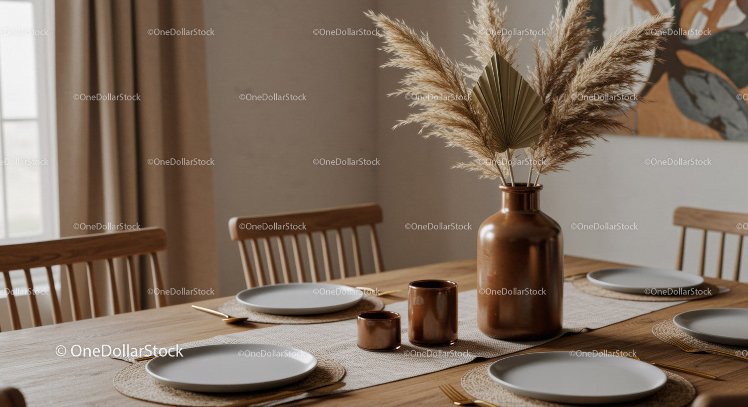 Elegant Dining Table with Pampas Grass Decor and Modern Tableware