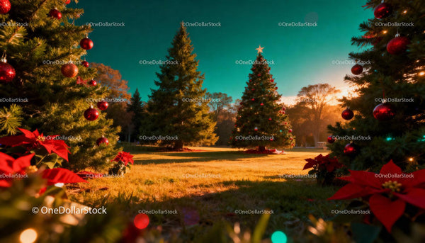 Sunlit Outdoor Christmas Trees with Festive Decorations