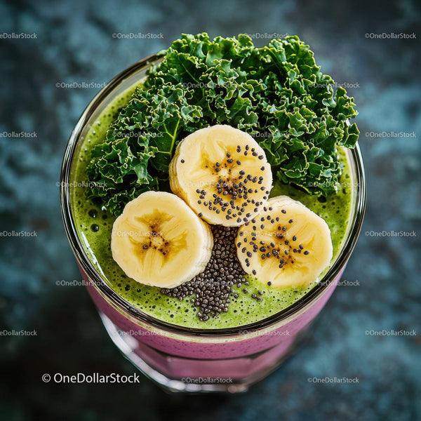 Healthy Green Smoothie with Banana Slices and Chia Seeds