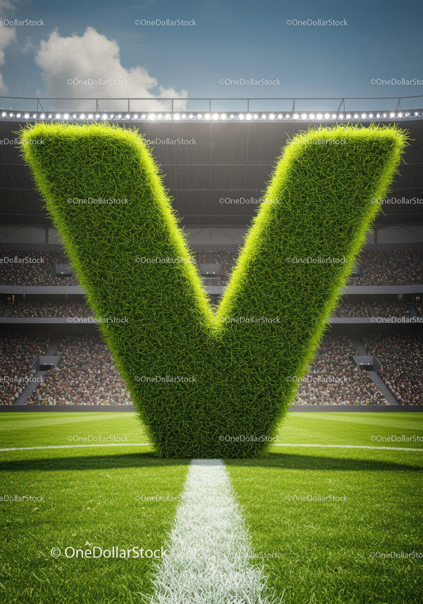 Large Grass Letter V on Football Field with Crowd
