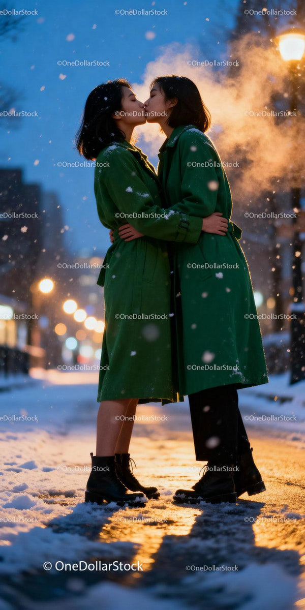 Couple sharing a tender kiss on a snowy evening