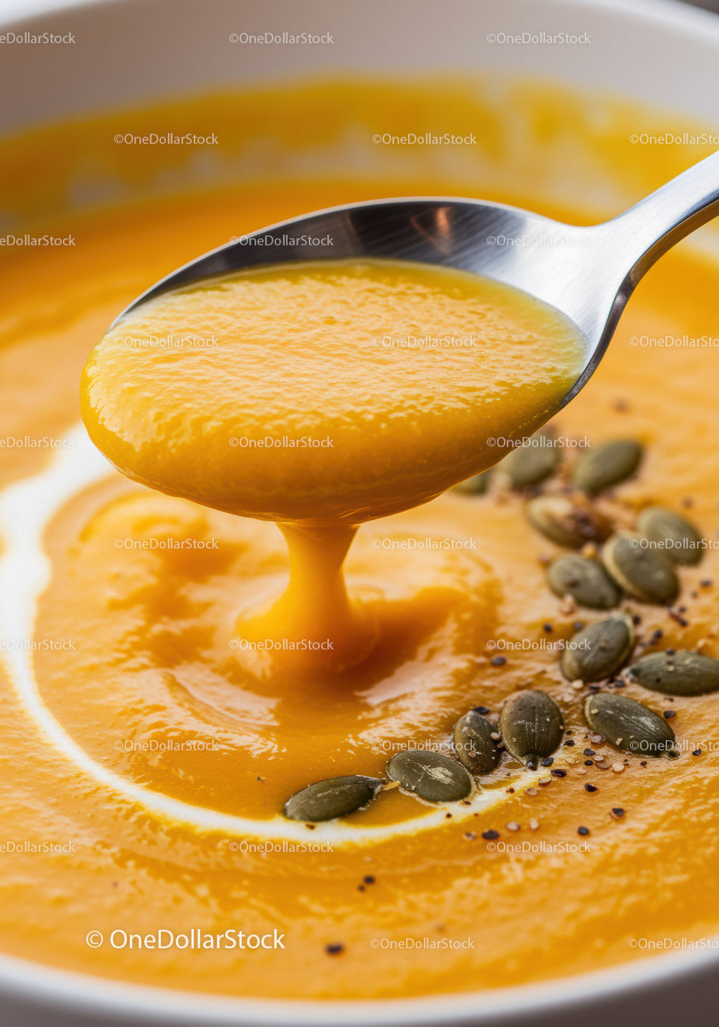 Creamy pumpkin soup with seeds and spices closeup
