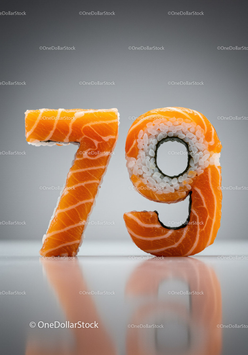 Fresh salmon sushi shaped as number seventy nine