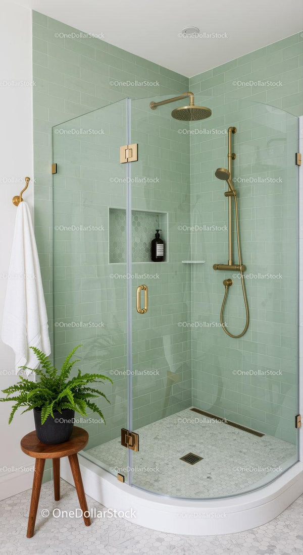 Modern glass shower enclosure with brass fixtures