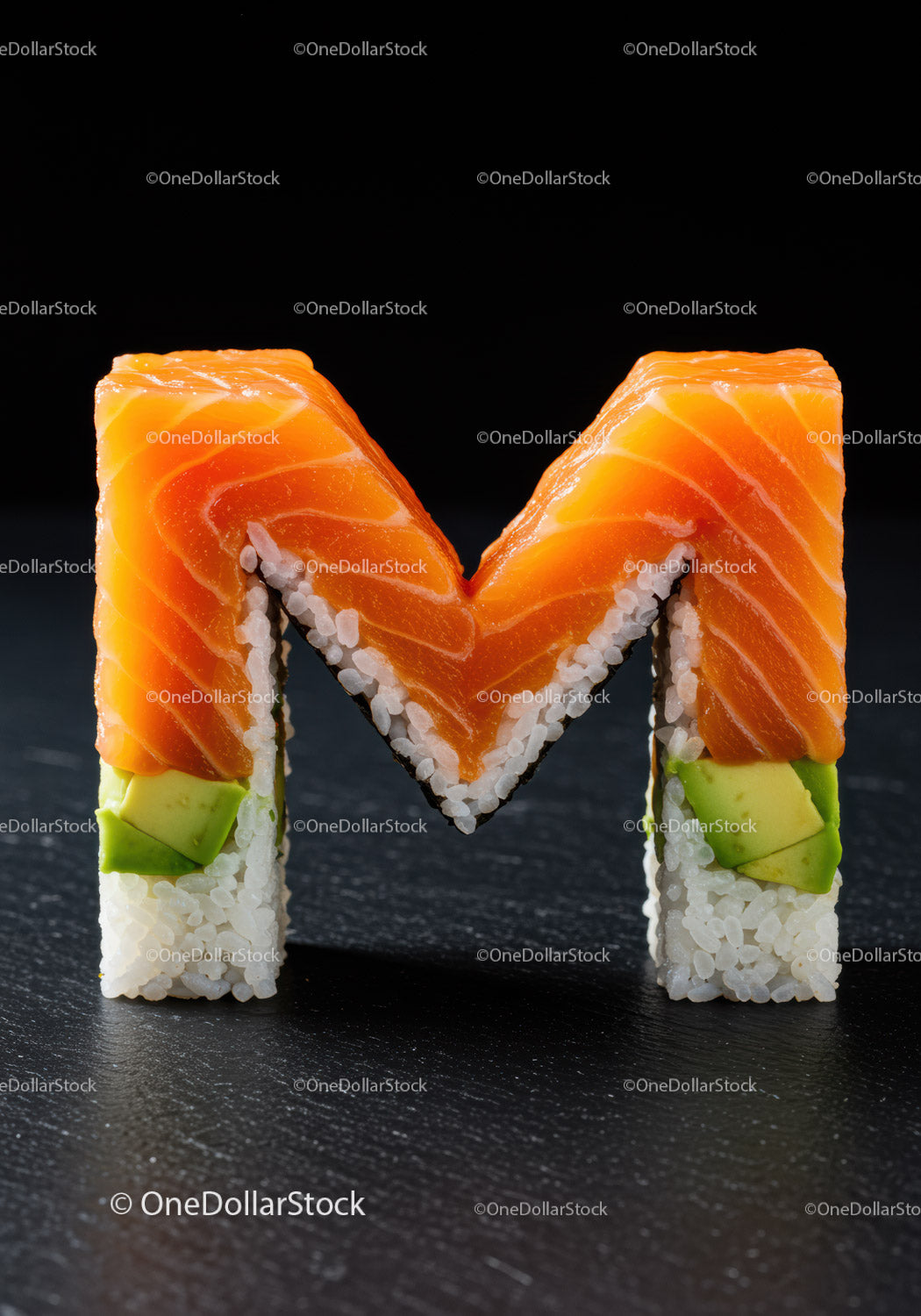 Sushi Roll Shaped as Letter M with Fresh Salmon