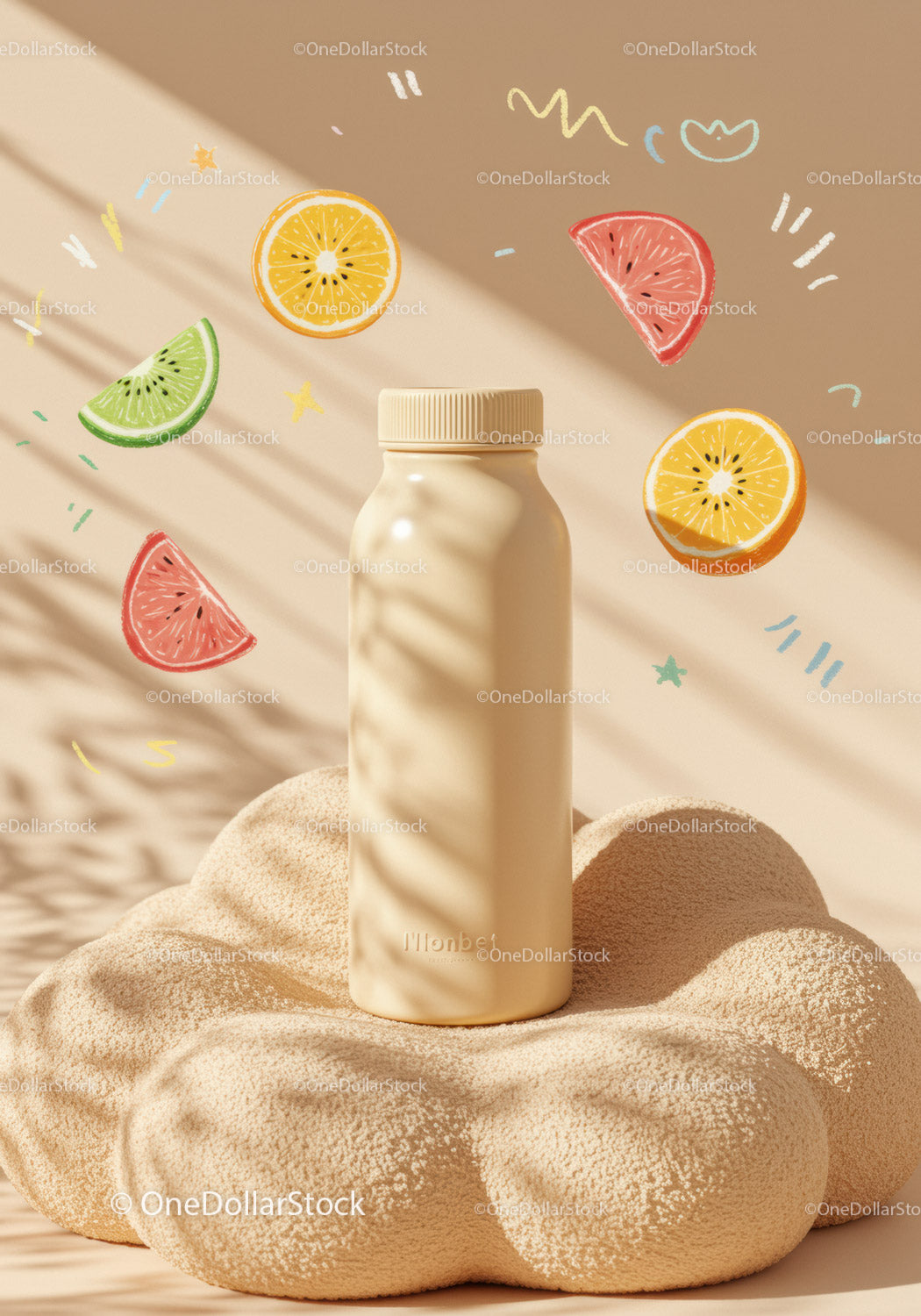 Minimalist beige bottle with cheerful fruit illustrations