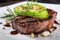 Juicy Grilled Steak with Avocado Herb Topping and Garnish
