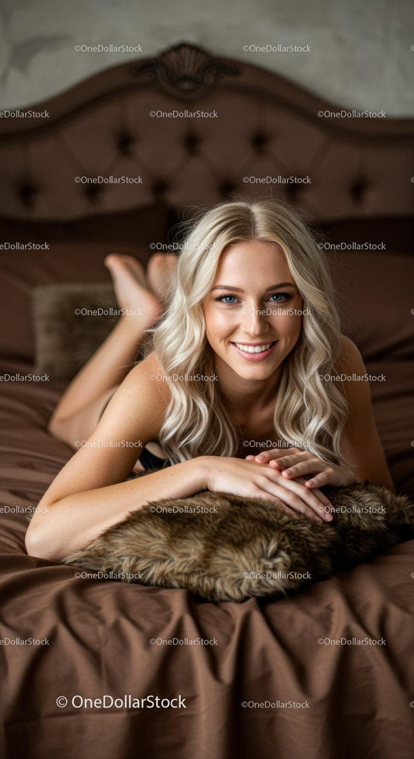 Uśmiechnięta blondynka odpoczywająca na przytulnym brązowym łóżku