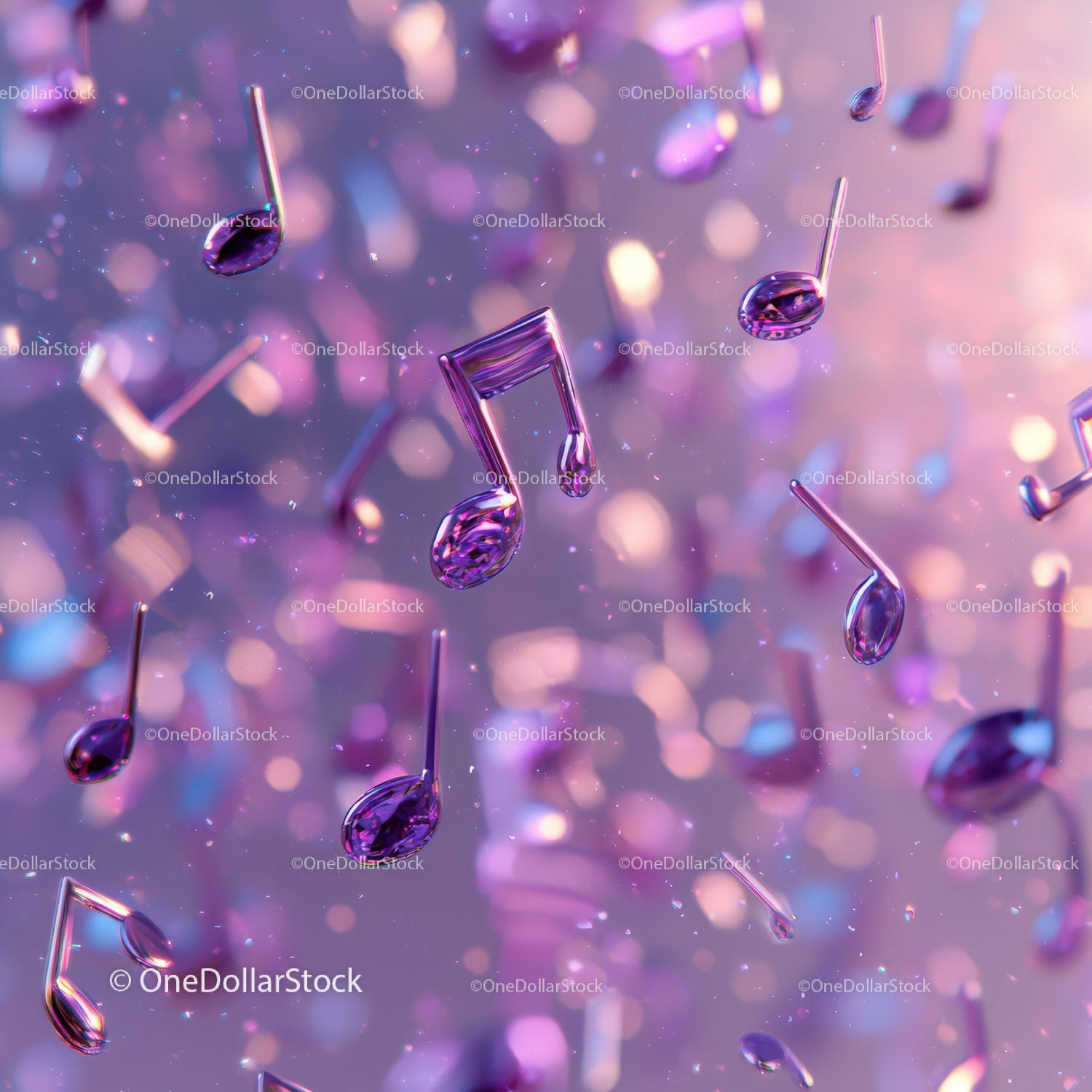 Vibrant Purple and Pink Floating Musical Notes with Bokeh Effect