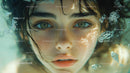 Beautiful Woman with Blue Eyes Underwater Surrounded by Water Bubbles