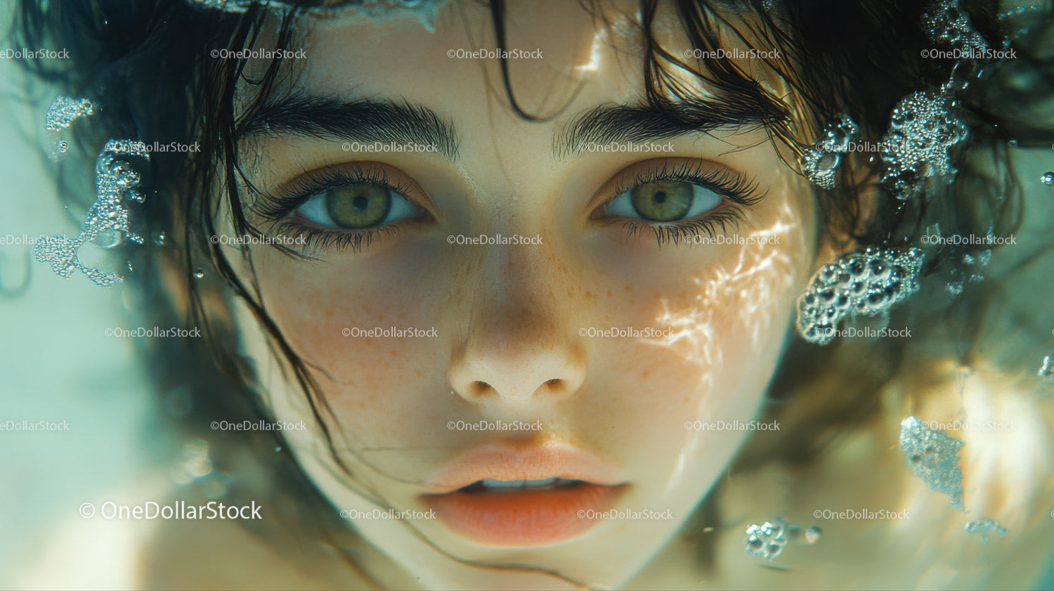 Beautiful Woman with Blue Eyes Underwater Surrounded by Water Bubbles
