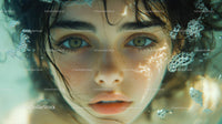 Beautiful Woman with Blue Eyes Underwater Surrounded by Water Bubbles