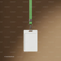 Blank white ID badge with green lanyard on brown background