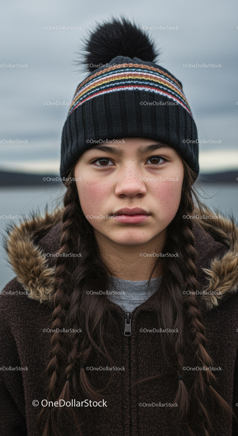 Teenage Girl Outdoors in Winter Scene with Braided Hair and Hoodie