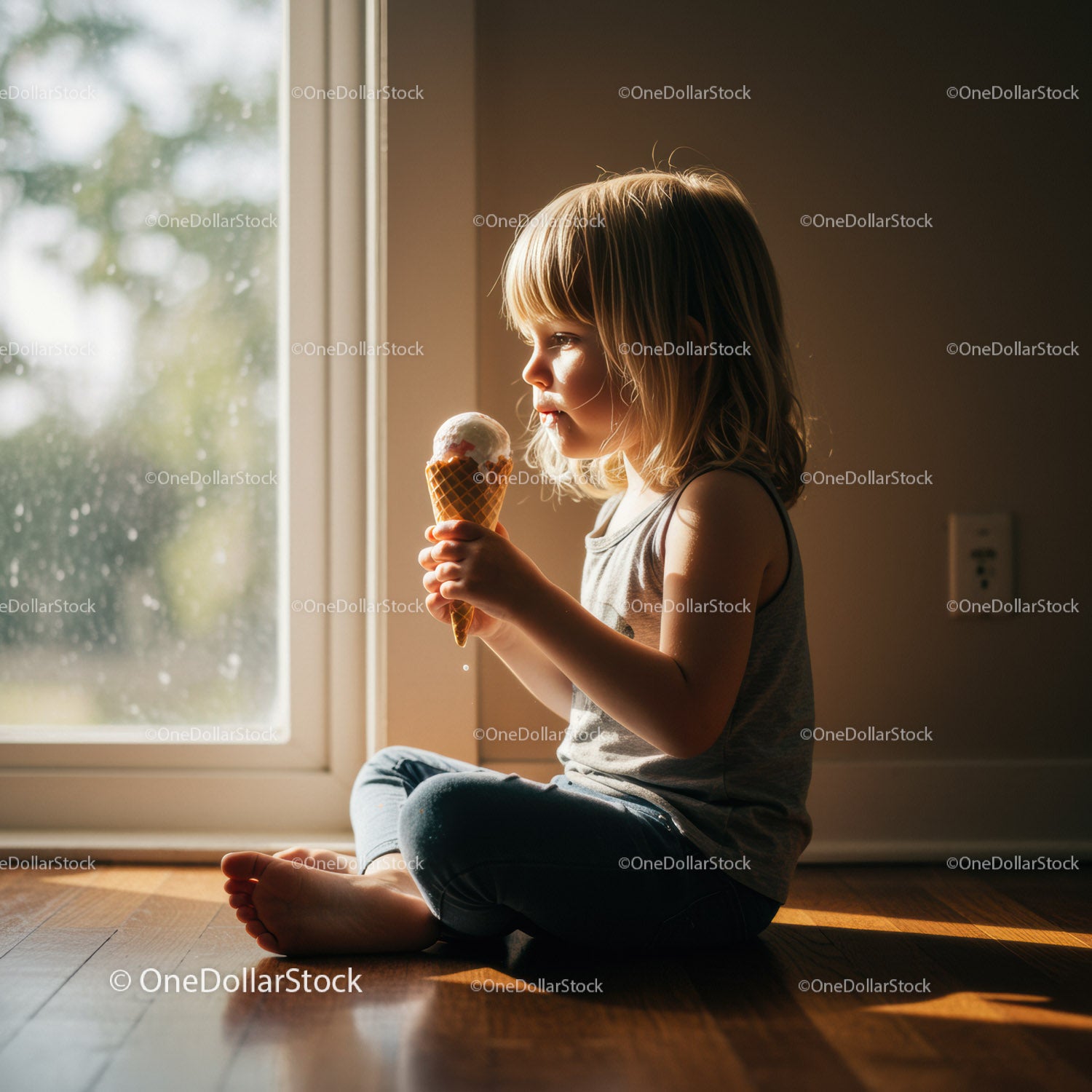 Child Enjoying Ice Cream Cone by Sunlit Window