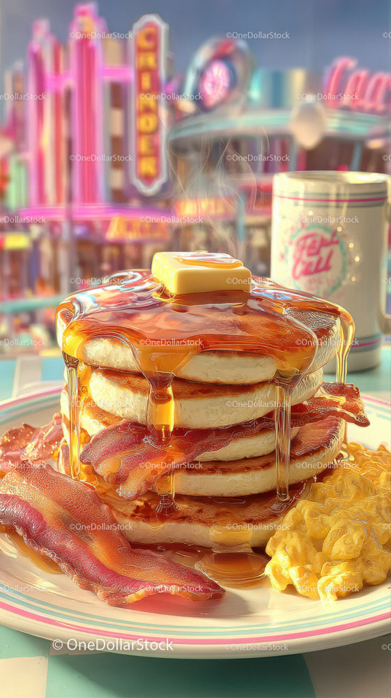 Stack of Fluffy Pancakes with Syrup and Bacon for Breakfast or Brunch