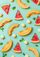 Fresh watermelon and cantaloupe slices with mint leaves