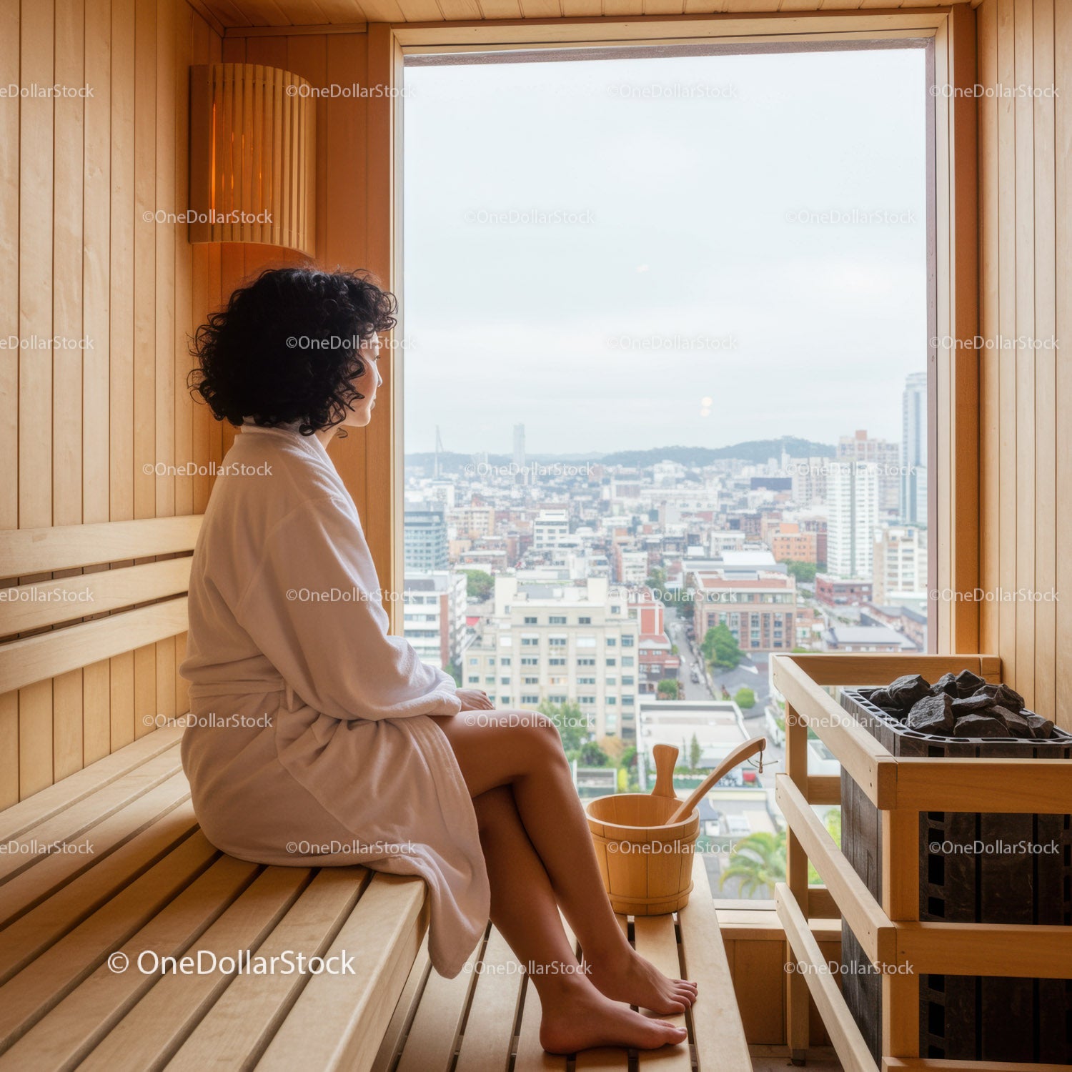 Relaxing Woman in Wellness Sauna with City View
