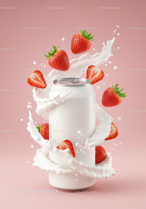 Refreshing strawberry drink can surrounded by milk splash JPG Mockup Image