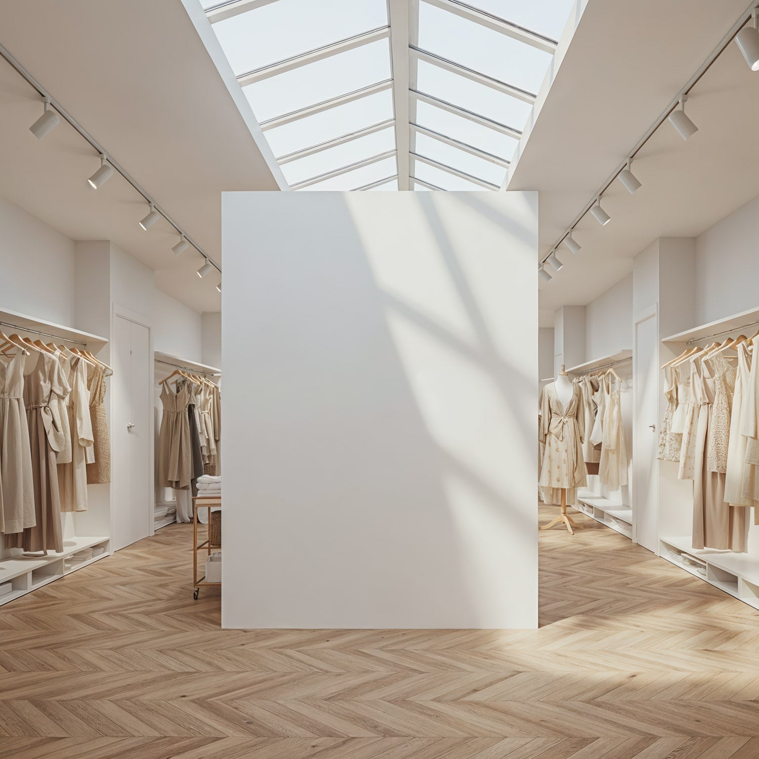 Nowoczesny butik odzieżowy w neutralnych barwach i ze świetlikiem