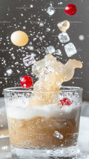 Ice Cubes and Fruit Berries Splashing into a Glass of Cold Drink