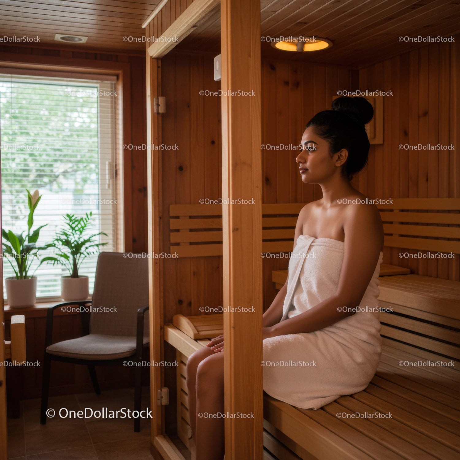 Relaxing Woman Sitting in Wooden Sauna with Towel in a Wellness Center
