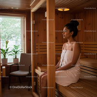 Relaxing Woman Sitting in Wooden Sauna with Towel in a Wellness Center