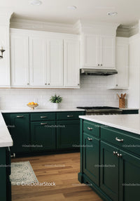 Contemporary Kitchen with Green Cabinets and White Subway Tiles