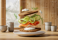 Fresh salmon sandwich with cucumber and dill cream