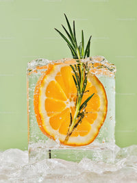 Fresh Rosemary and Orange Slice Frozen in Ice Cube