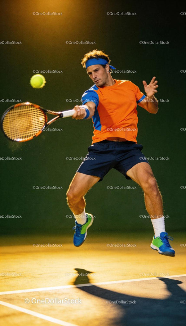 Male Tennis Player Hitting Forehand in Mid-Air