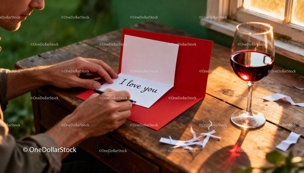 Man Writing Romantic Note With Wine At Wooden Table