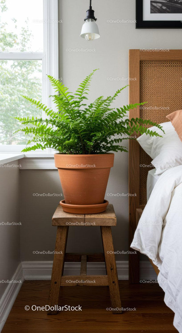 Green Fern in Terracotta Pot on Wooden Stool in Cozy Bedroom