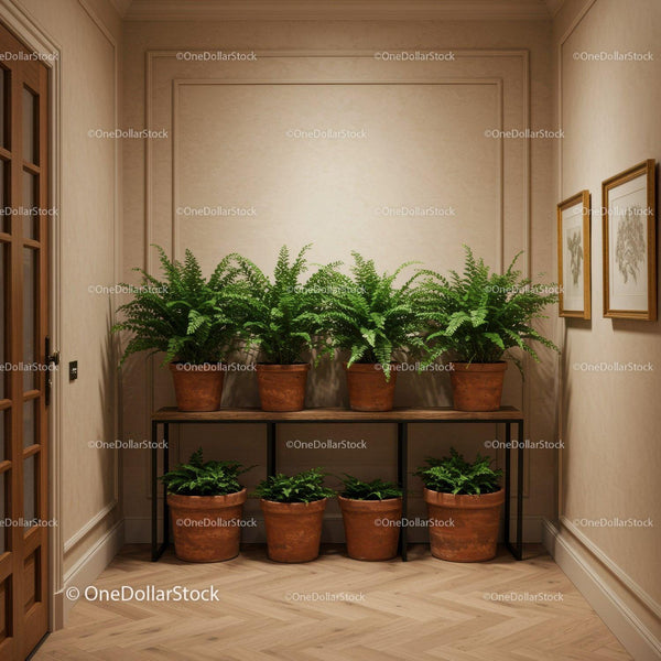 Indoor Fern Plant Display on Wooden Shelf in Cozy Corner