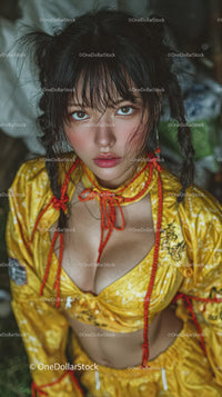 Young Woman with Wet Hair Wearing Bright Yellow Outfit with Red Rope