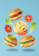 Ham Sandwiches with Cheese Lettuce and Tomato on Blue