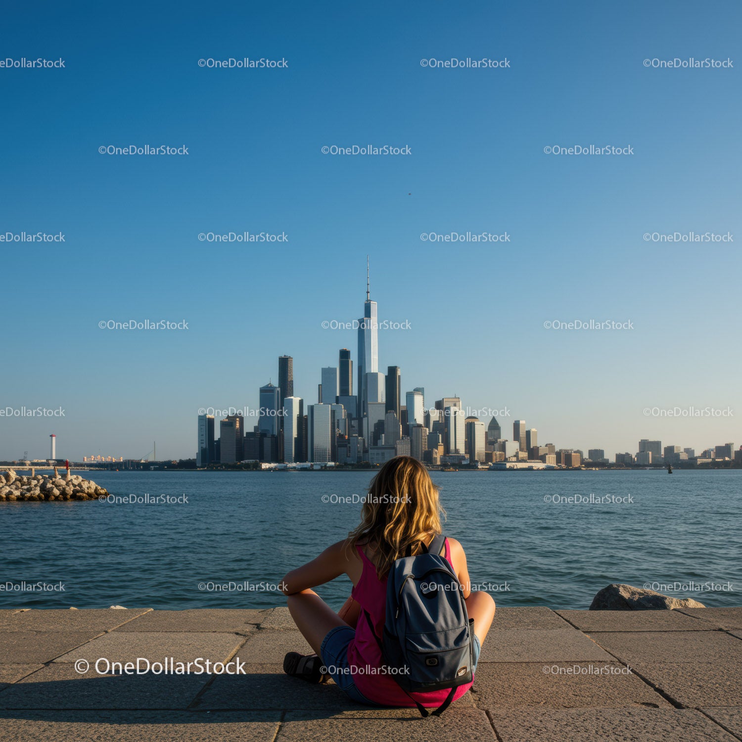 Młoda kobieta siedząca przy nabrzeżu z widokiem na panoramę Manhattanu