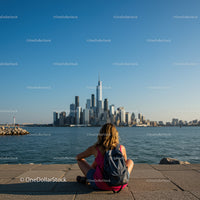 Young Woman Sitting by Waterfront with View of Manhattan Skyline