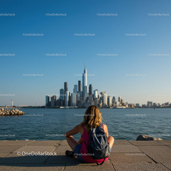 Young Woman Sitting by Waterfront with View of Manhattan Skyline