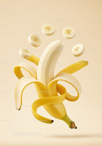 Peeled banana with floating slices on beige background