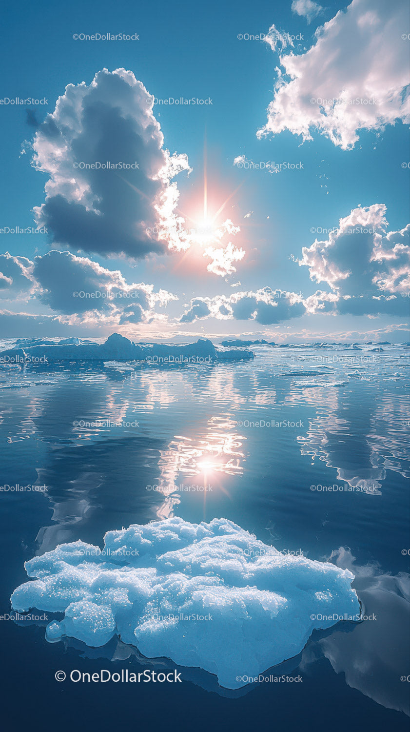 Iceberg Floating in Calm Arctic Ocean under Bright Blue Sky