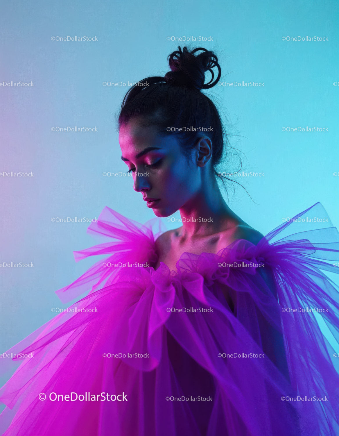 Vibrant Fashion Portrait of Woman in Purple Tulle Dress with Artistic Lighting